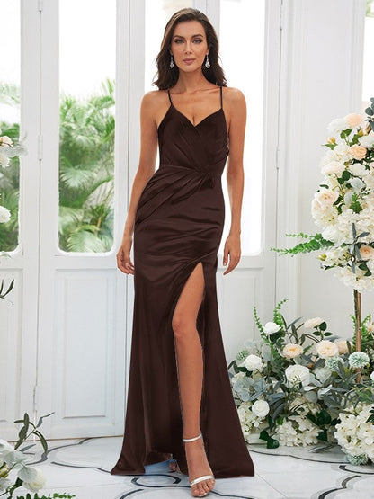 Sheath/Column Elastic Woven Satin Ruched Spaghetti Straps Sleeveless Sweep/Brush Train Bridesmaid Dresses