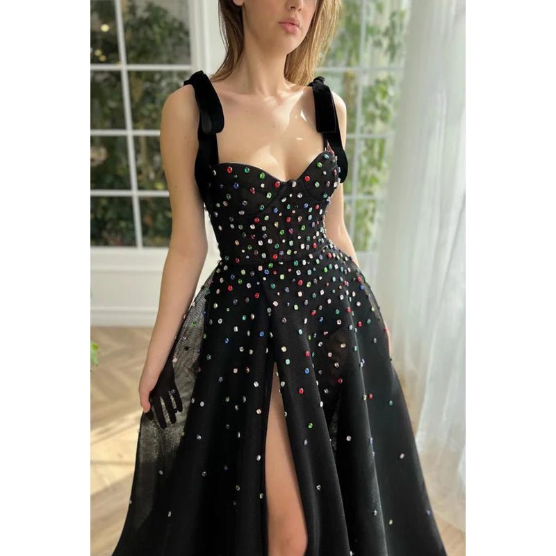 NumberSea - Classic Black A - Line Sweetheart Straps Slit Tulle Formal Prom Dress With Jewel