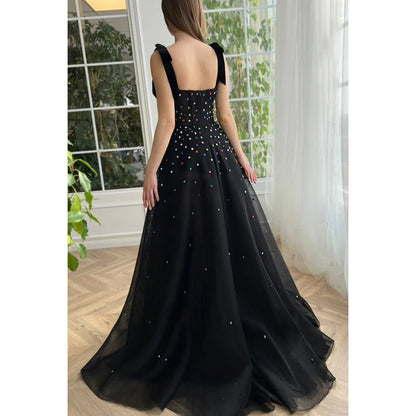 NumberSea - Classic Black A - Line Sweetheart Straps Slit Tulle Formal Prom Dress With Jewel