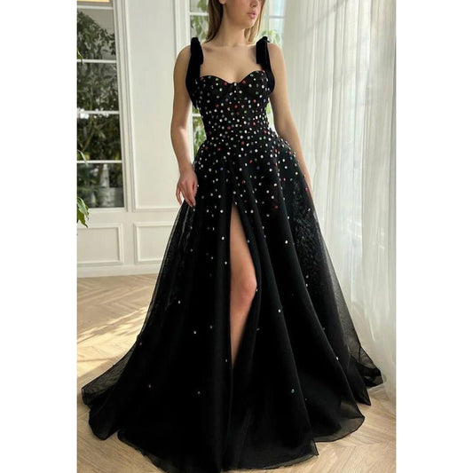 NumberSea - Classic Black A - Line Sweetheart Straps Slit Tulle Formal Prom Dress With Jewel