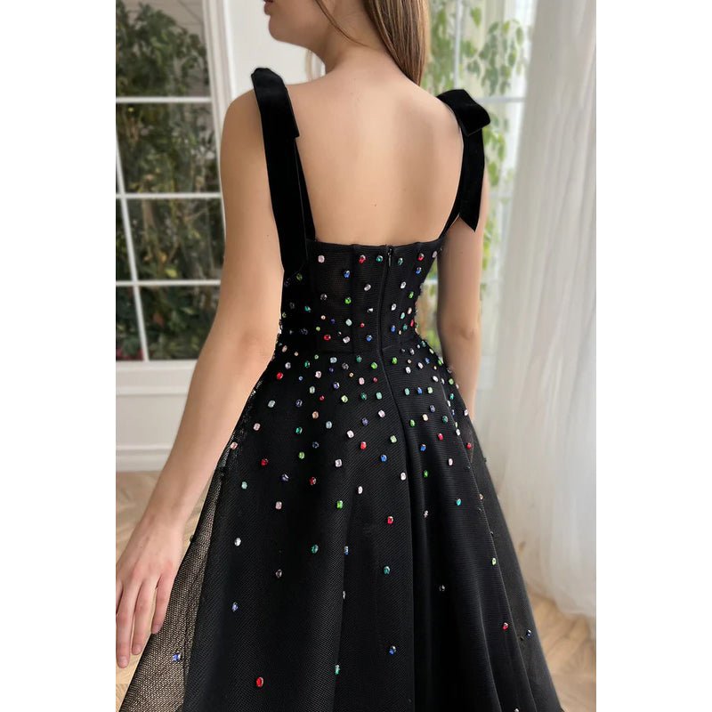 NumberSea - Classic Black A - Line Sweetheart Straps Slit Tulle Formal Prom Dress With Jewel