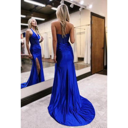 NumberSea - Classic & Timeless Halter Sleeveless Side Slit Trumpet Evening Party Prom Dress