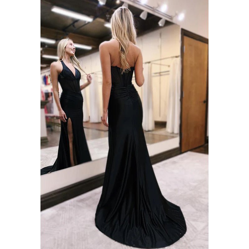 NumberSea - Classic & Timeless Halter Sleeveless Side Slit Trumpet Evening Party Prom Dress