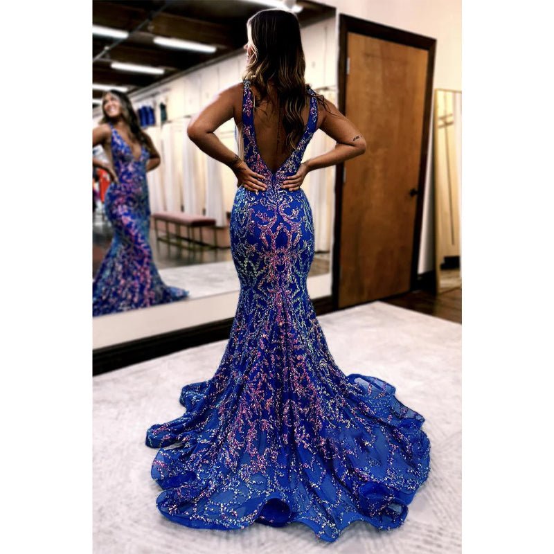 NumberSea - Classic & Timeless Mermaid Sequins V - neck Long Prom Evening Dresses with Appliques