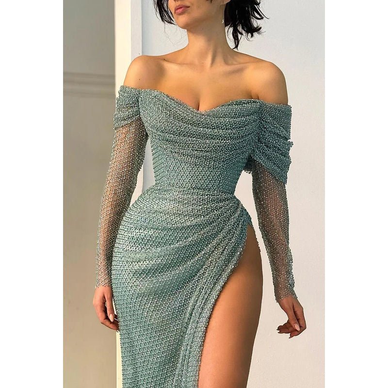 NumberSea - Classic & Timeless Off - Shoudler Long Sleeves Side Slit Ruched Formal Party Prom Dress