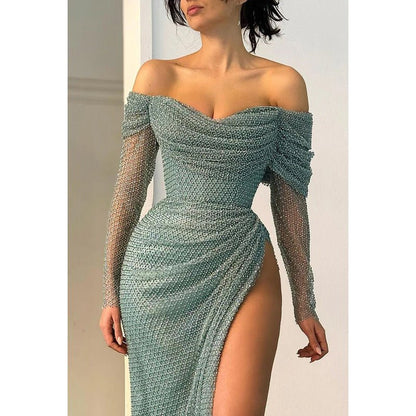 NumberSea - Classic & Timeless Off - Shoudler Long Sleeves Side Slit Ruched Formal Party Prom Dress