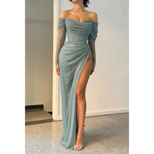 NumberSea - Classic & Timeless Off - Shoudler Long Sleeves Side Slit Ruched Formal Party Prom Dress