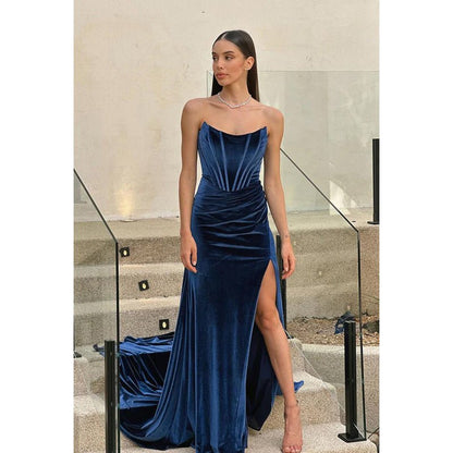 NumberSea - Classic & Timeless Off - Shoudler Sleevelesss Ruched Side Slit Party Prom Dress