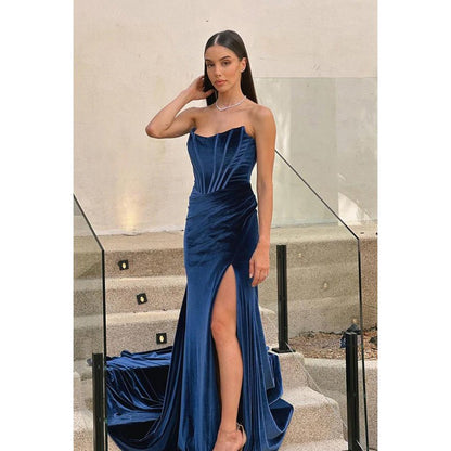 NumberSea - Classic & Timeless Off - Shoudler Sleevelesss Ruched Side Slit Party Prom Dress