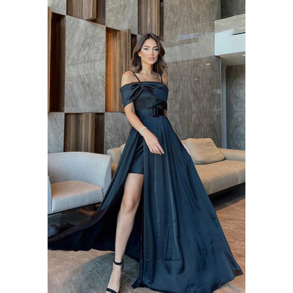 NumberSea - Classic & Timeless Off - Shoudler Straps A - line Side Slit Formal Party Prom Dress