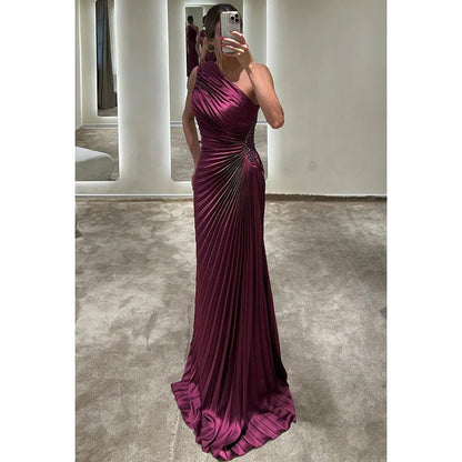 NumberSea - Classic Timeless One shoulder Sleeveless Ruched Formal Prom Dress