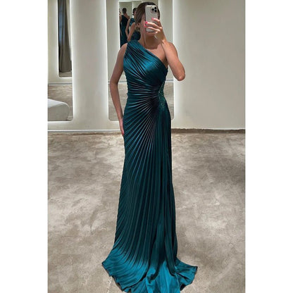 NumberSea - Classic Timeless One shoulder Sleeveless Ruched Formal Prom Dress