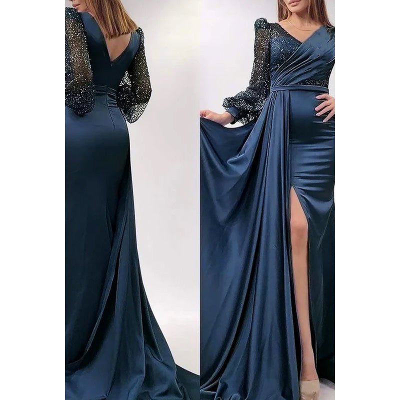 NumberSea - Classic & Timeless Slit Long Sleeves V - Neck Evening Party Prom Dress