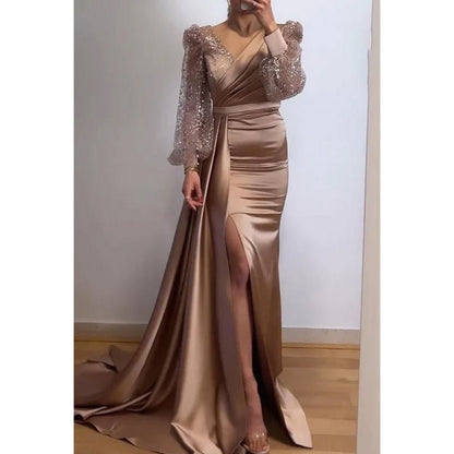 NumberSea - Classic & Timeless Slit Long Sleeves V - Neck Evening Party Prom Dress