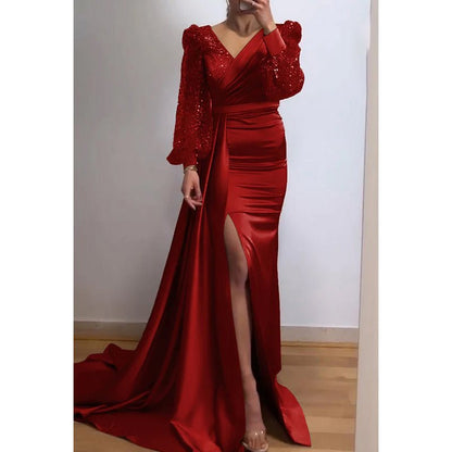 NumberSea - Classic & Timeless Slit Long Sleeves V - Neck Evening Party Prom Dress