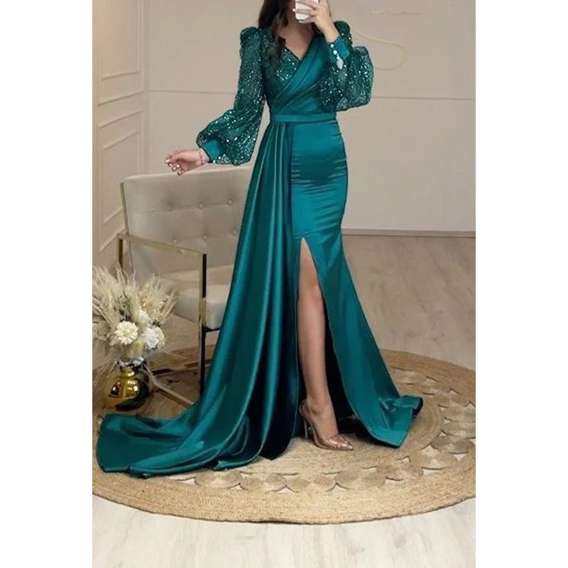 NumberSea - Classic & Timeless Slit Long Sleeves V - Neck Evening Party Prom Dress