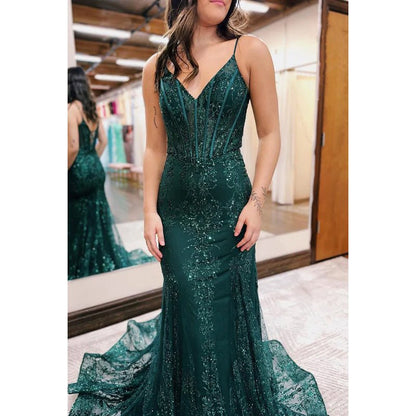 NumberSea - Classic & Timeless Spaghetti Straps V - neck Mermaid Trumpet Sequins Party Prom Dress