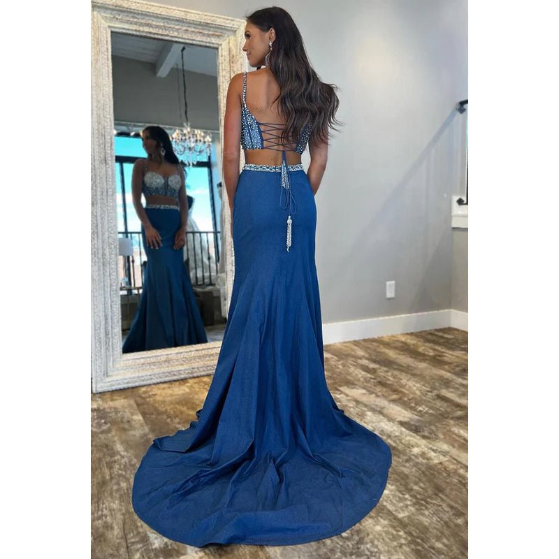 NumberSea - Classic & Timeless Two Piece Spaghetti Straps Mermaid Beaded Backless Prom Dress