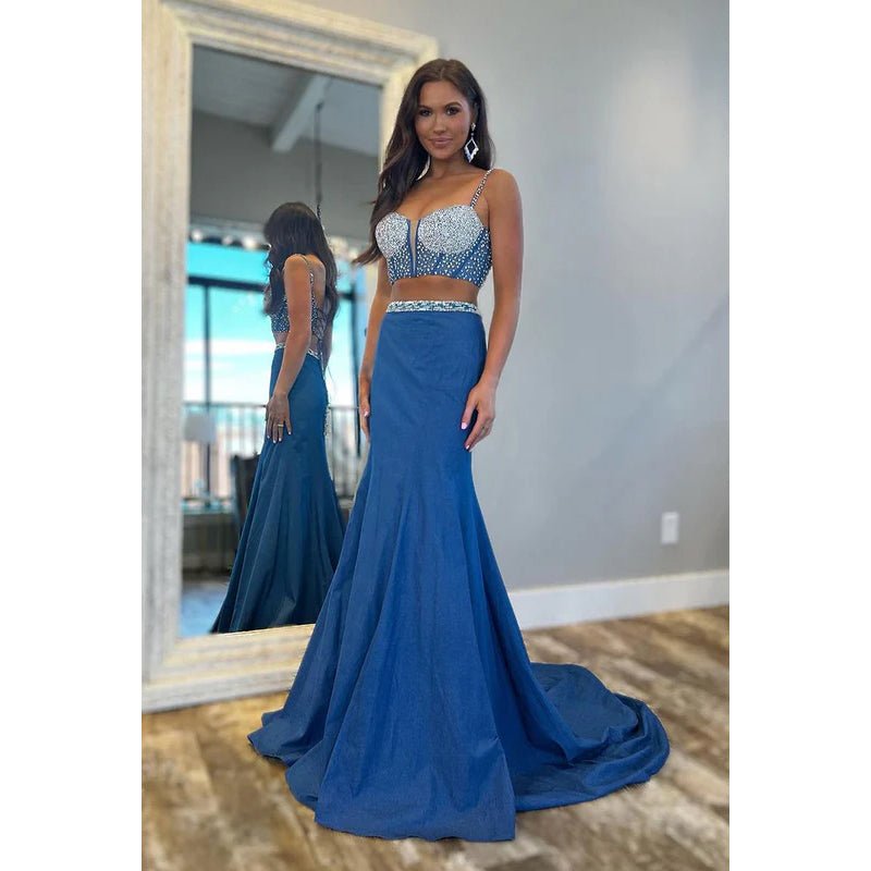 NumberSea - Classic & Timeless Two Piece Spaghetti Straps Mermaid Beaded Backless Prom Dress