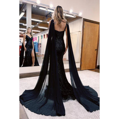 NumberSea - Classic & Timeless V - neck Side Slit Sparkly Sequins Evening Party Prom Dress