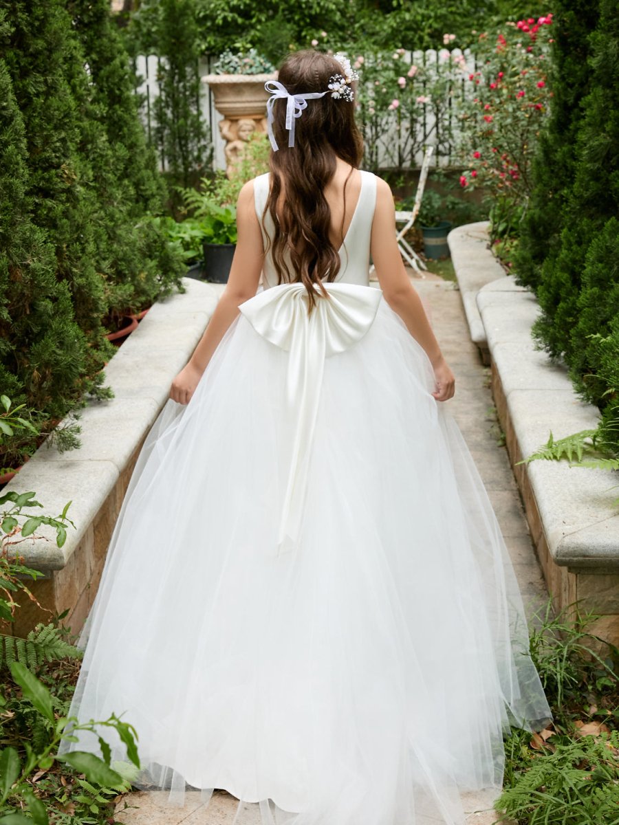 NumberSea - Classic White A - line Sleeveless Satin and Tulle Flower Girl Dress