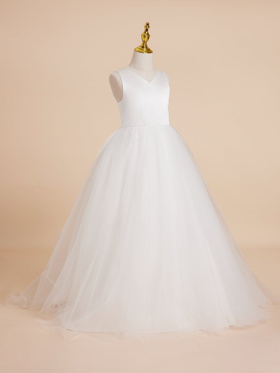 NumberSea - Classic White A - line Sleeveless Satin and Tulle Flower Girl Dress