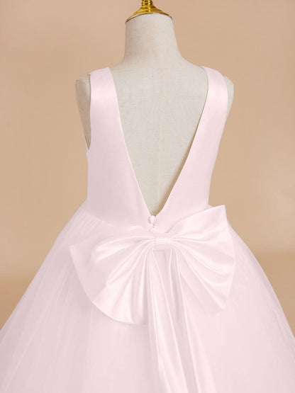 NumberSea - Classic White A - line Sleeveless Satin and Tulle Flower Girl Dress