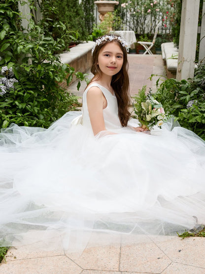 NumberSea - Classic White A - line Sleeveless Satin and Tulle Flower Girl Dress