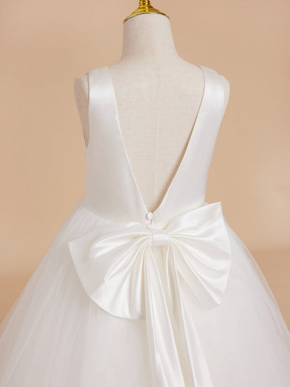 NumberSea - Classic White A - line Sleeveless Satin and Tulle Flower Girl Dress