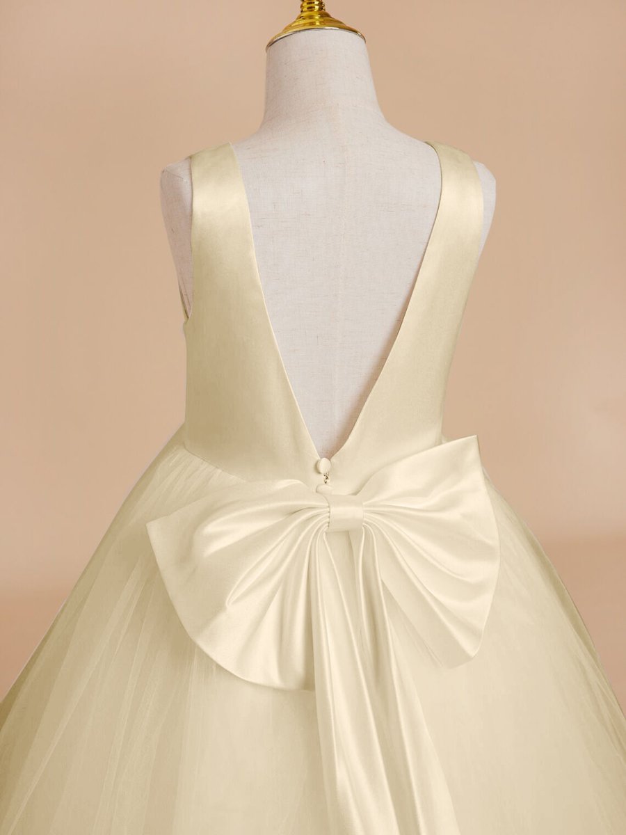 NumberSea - Classic White A - line Sleeveless Satin and Tulle Flower Girl Dress