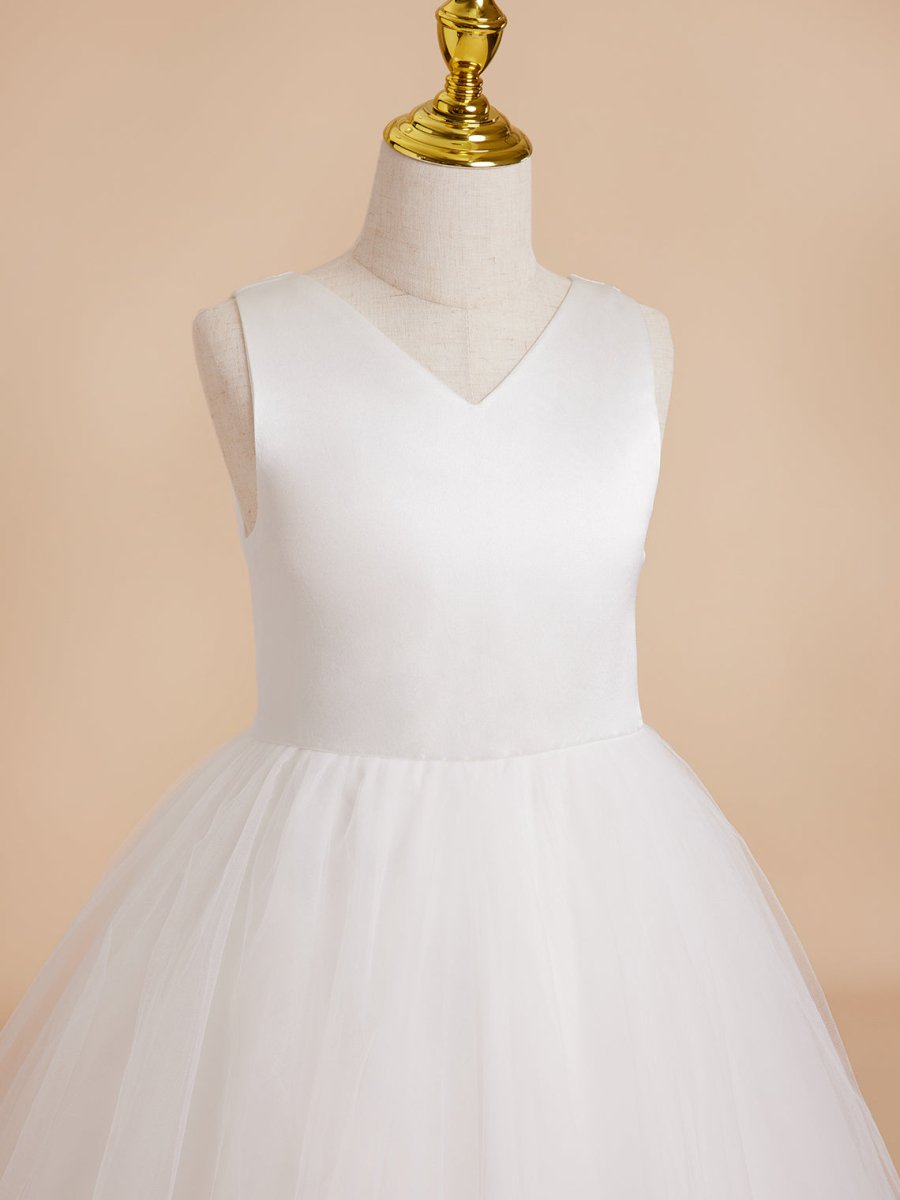 NumberSea - Classic White A - line Sleeveless Satin and Tulle Flower Girl Dress