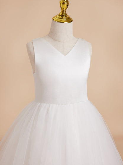 NumberSea - Classic White A - line Sleeveless Satin and Tulle Flower Girl Dress