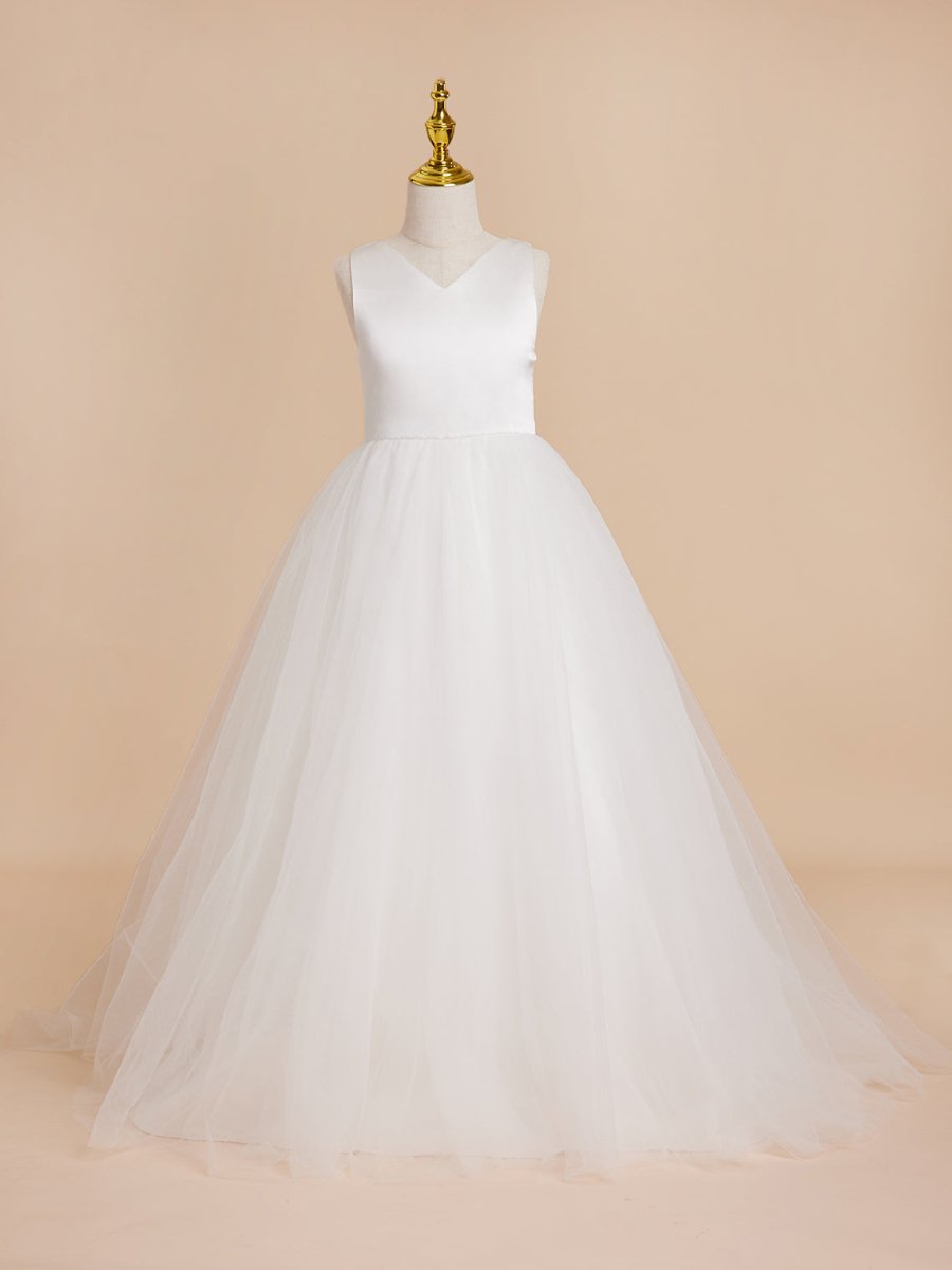 NumberSea - Classic White A - line Sleeveless Satin and Tulle Flower Girl Dress