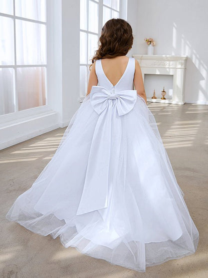 NumberSea - Classic White A - line Sleeveless Satin and Tulle Flower Girl Dress