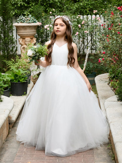 NumberSea - Classic White A - line Sleeveless Satin and Tulle Flower Girl Dress