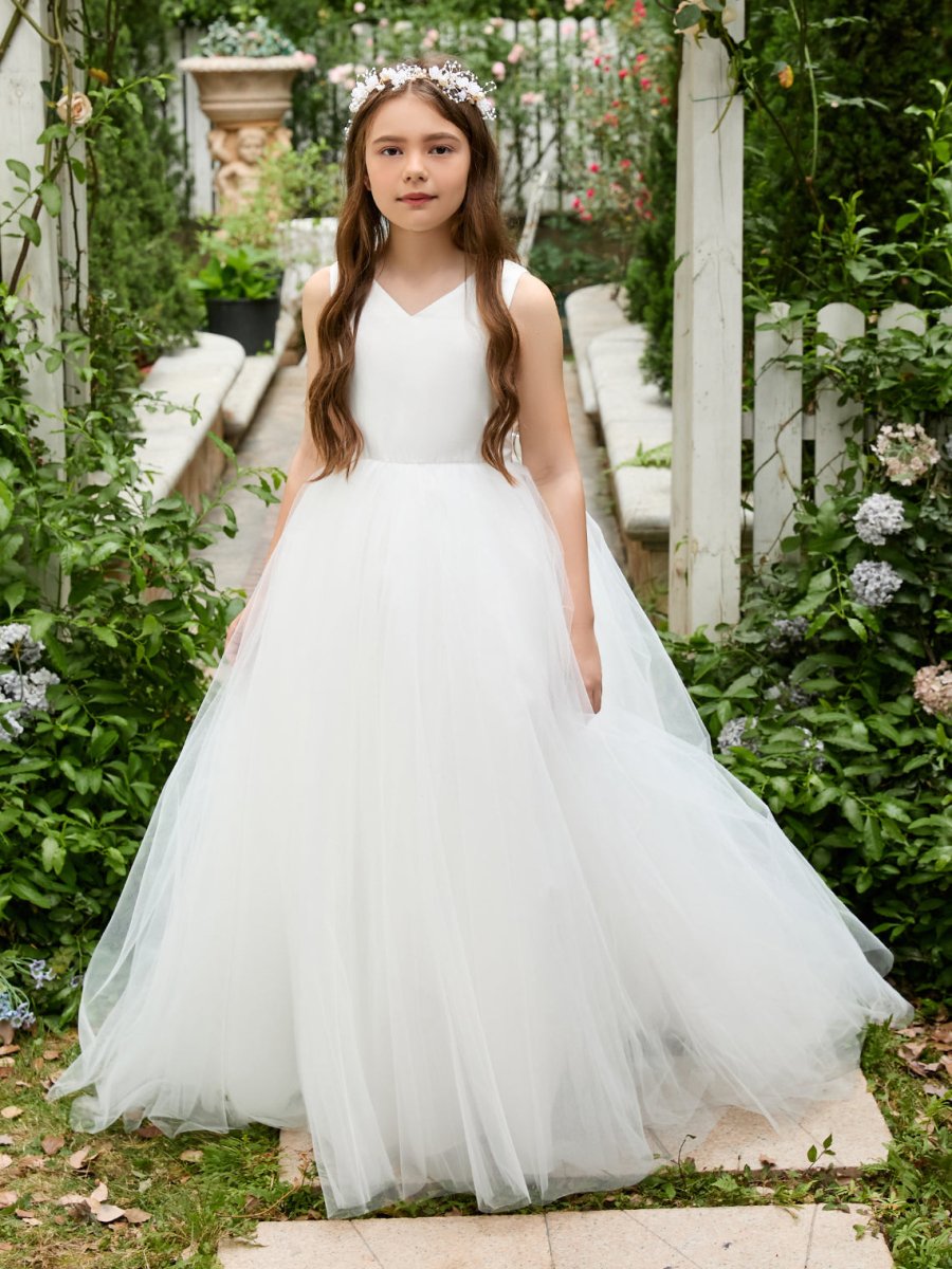 NumberSea - Classic White A - line Sleeveless Satin and Tulle Flower Girl Dress