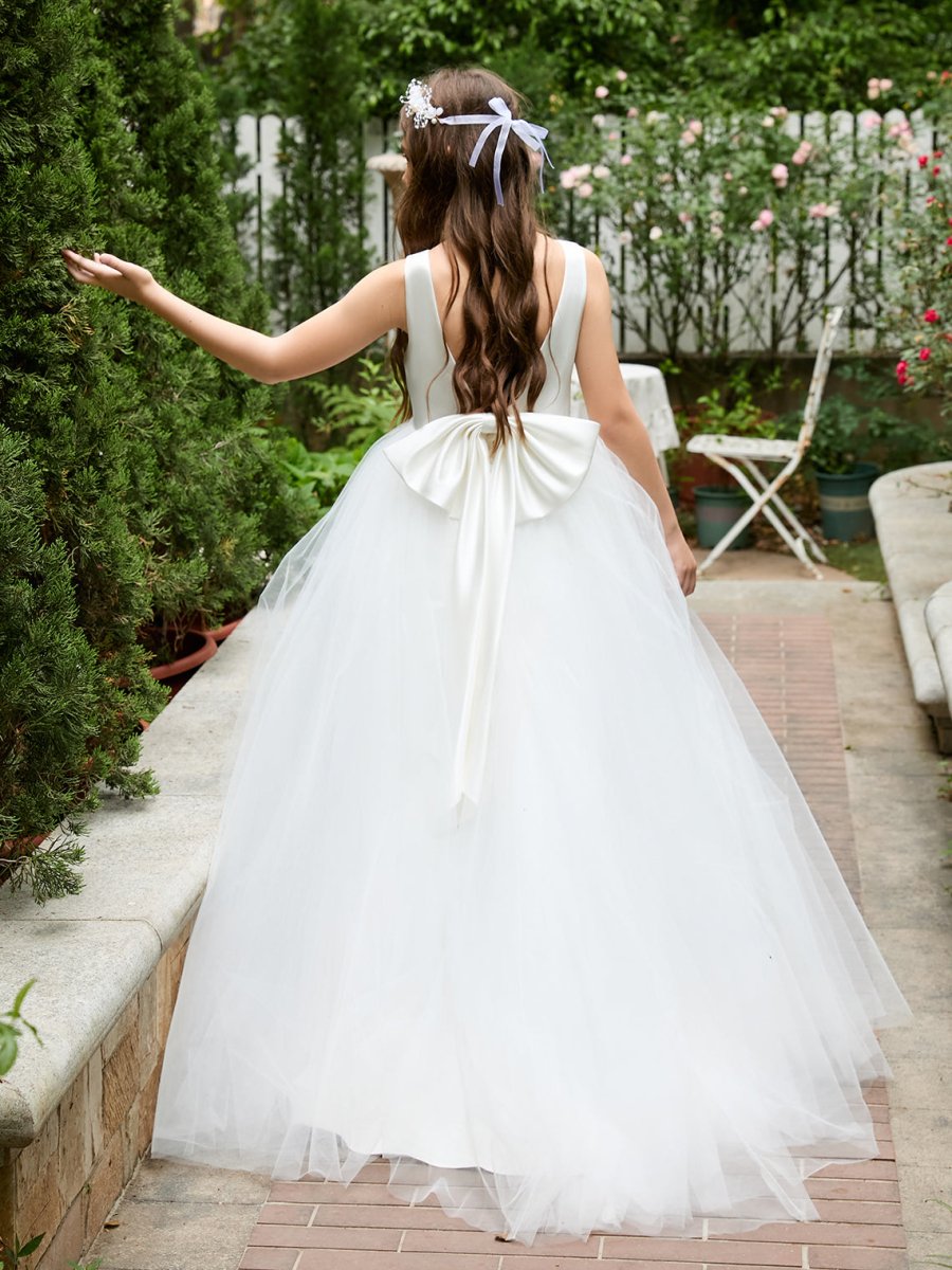 NumberSea - Classic White A - line Sleeveless Satin and Tulle Flower Girl Dress