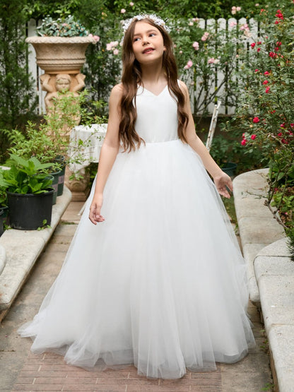 NumberSea - Classic White A - line Sleeveless Satin and Tulle Flower Girl Dress