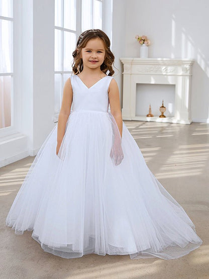 NumberSea - Classic White A - line Sleeveless Satin and Tulle Flower Girl Dress