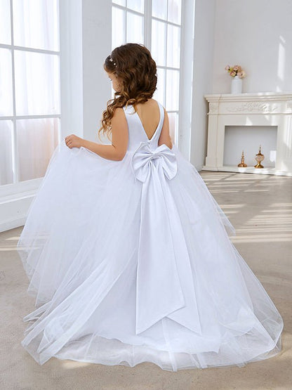 NumberSea - Classic White A - line Sleeveless Satin and Tulle Flower Girl Dress