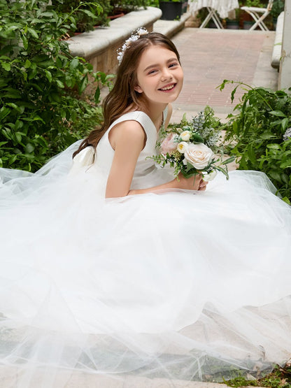 NumberSea - Classic White A - line Sleeveless Satin and Tulle Flower Girl Dress