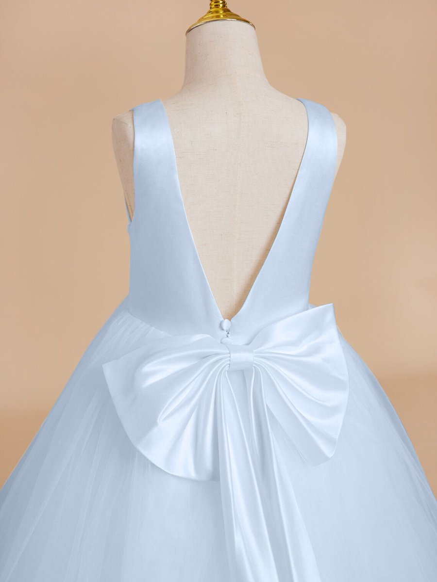 NumberSea - Classic White A - line Sleeveless Satin and Tulle Flower Girl Dress