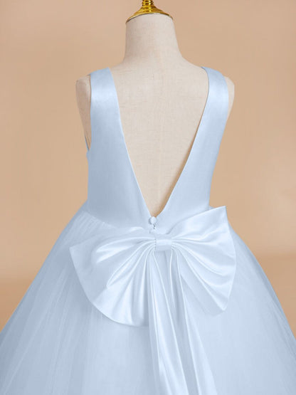 NumberSea - Classic White A - line Sleeveless Satin and Tulle Flower Girl Dress