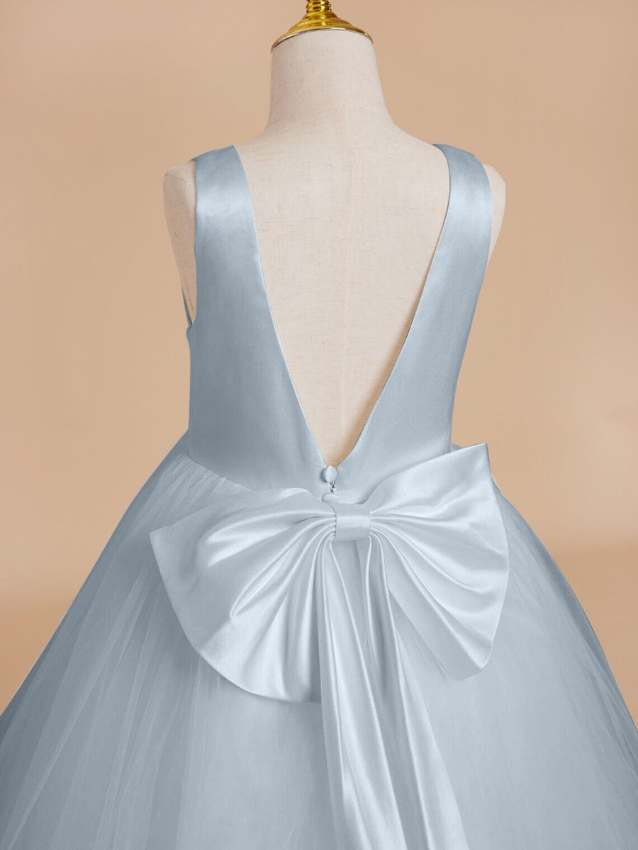 NumberSea - Classic White A - line Sleeveless Satin and Tulle Flower Girl Dress