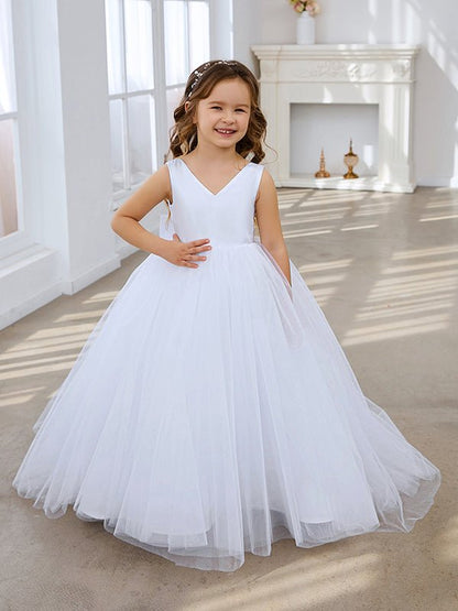 NumberSea - Classic White A - line Sleeveless Satin and Tulle Flower Girl Dress