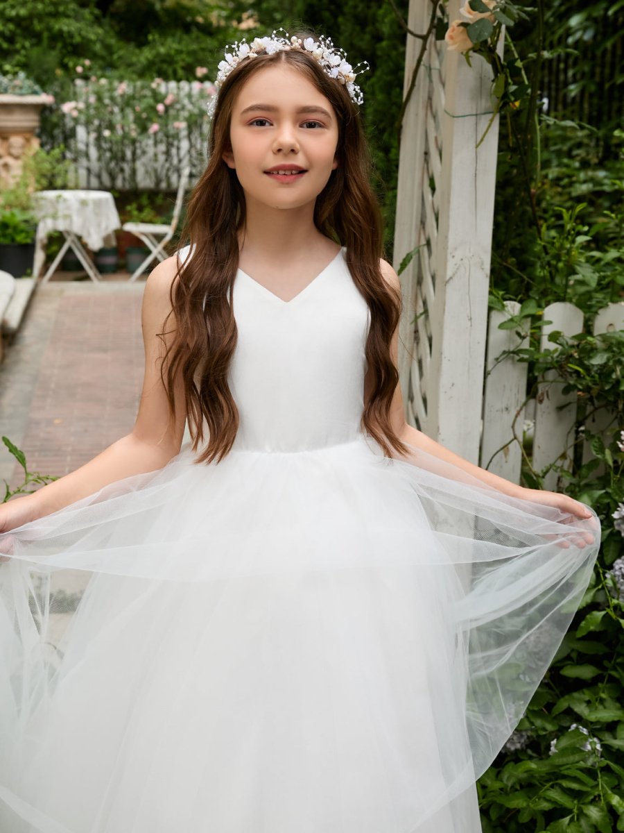 NumberSea - Classic White A - line Sleeveless Satin and Tulle Flower Girl Dress