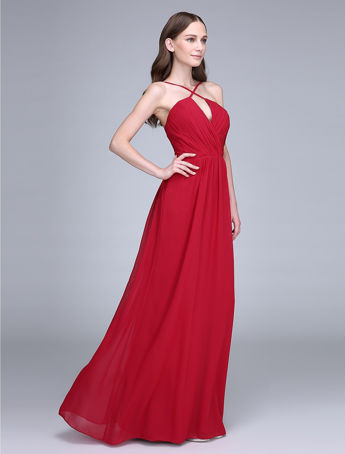 Sheath / Column Spaghetti Strap Floor Length Chiffon Bridesmaid Dress with Criss Cross