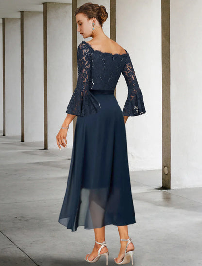 Zweiteiliges Etuikleid/Säulenkleid für die Mutter der Braut, formelle Hochzeitsgastparty, elegant, schulterfrei, knielang, Chiffon, Spitze, Kunstseide, 3/4-Ärmel mit Schleife(n)