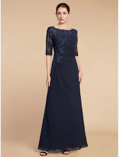 NumberSea - Column Wedding Guest Elegant Scoop Neck Ankle Length Chiffon Lace Half Sleeve with Sequin Solid Color Mother of the Bride Dress&nbsp;