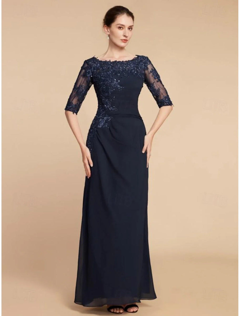 NumberSea - Column Wedding Guest Elegant Scoop Neck Ankle Length Chiffon Lace Half Sleeve with Sequin Solid Color Mother of the Bride Dress&nbsp;